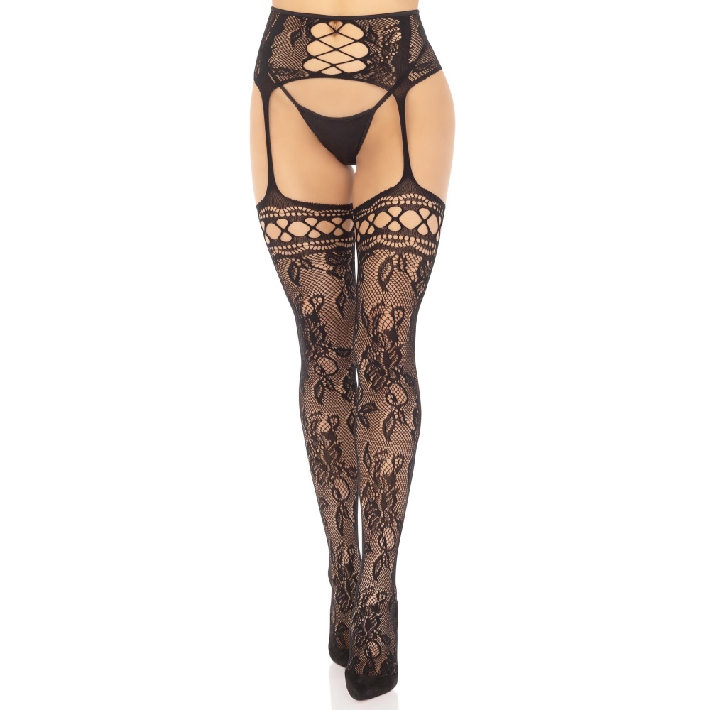 Leg Avenue - Floral Lace Backseam Strümpfe mit Strapsgürtel - Schwarz